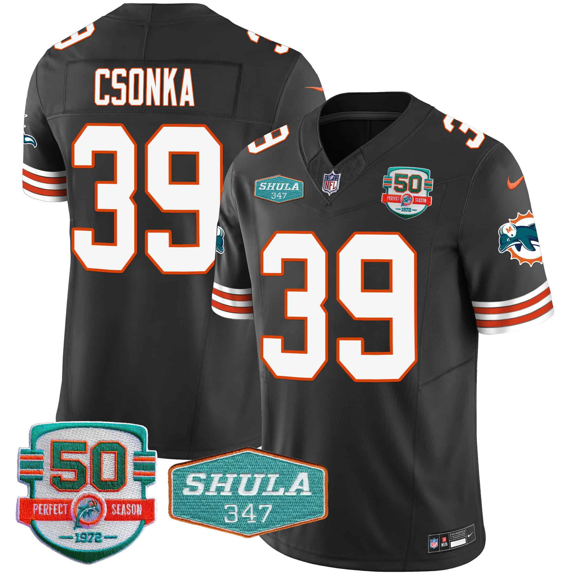 Men Miami Dolphins #39 Csonka Black 2024 Nike Throwback Shula 347 Patch Vapor NFL Jersey style 1